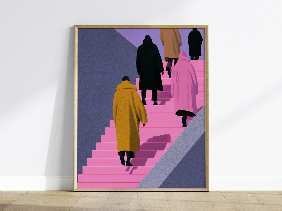 Figures Ascending Pink Poster | Pink and Purple Illustrative Art Print | Urban Minimalist Wall Art — framed print on the wall