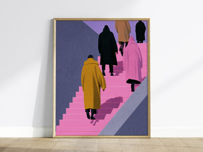 Figures Ascending Pink Poster | Pink and Purple Illustrative Art Print | Urban Minimalist Wall Art — framed print on the wall