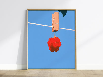 Cherries Hang Drying Poster | Red and Blue Illustrative Art Print | Kitchen Wall Art — framed print on the wall