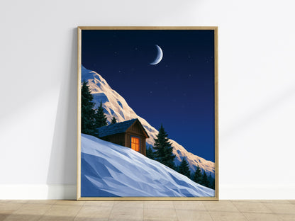 Mountain Cabin Waits Poster | Cobalt and Orange Low Poly Art Print | Mountain Modern Wall Art — framed print on the wall