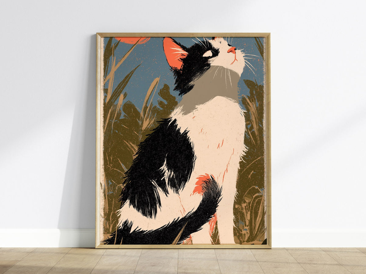 Cat Chasing Tail Poster | Cream and Coral Illustrative Art Print | Kids Room Wall Art — framed print on the wall