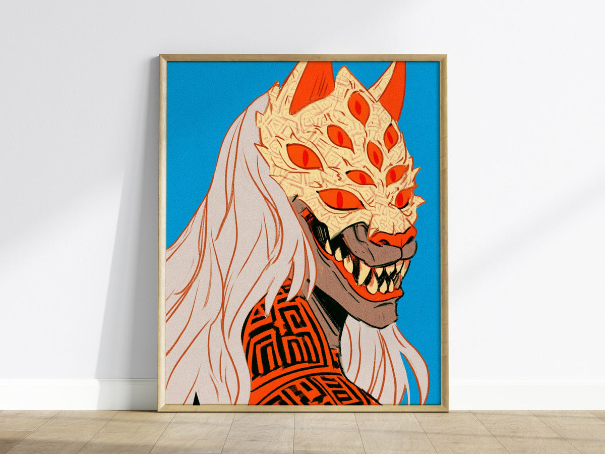Fox Mask Grin Poster | Orange and Blue Illustrative Art Print | Dark Fantasy Wall Art — framed print on the wall