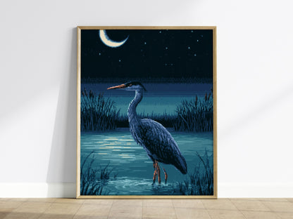 Heron Finds Moonlight Poster | Teal and Navy Pixel Art Print | Retro Gaming Wall Art — framed print on the wall