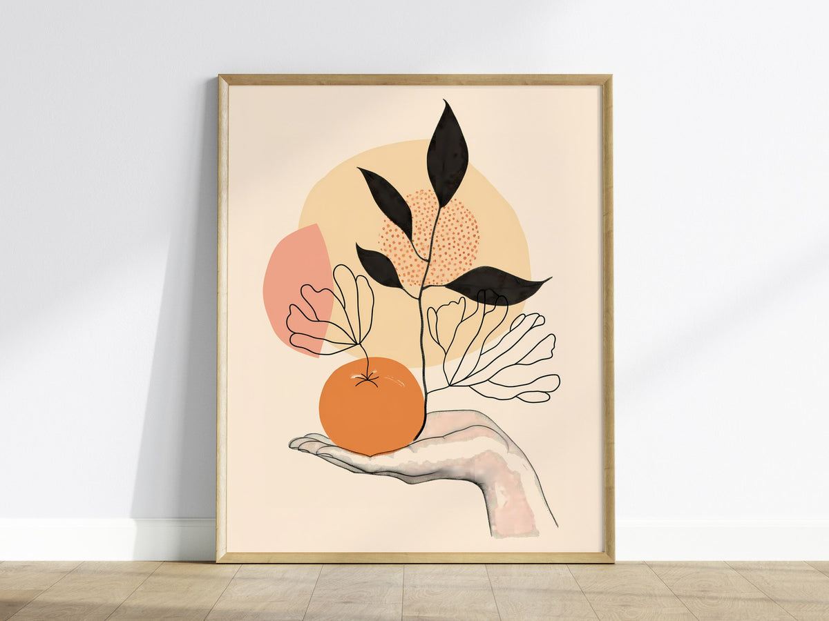 Hand Holds Peach Poster | Peach and Coral Minimalism Art Print | Minimalist Kitchen Wall Art — framed print on the wall