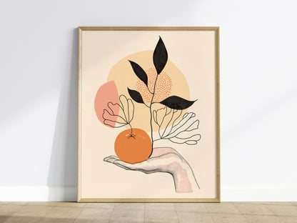 Hand Holds Peach Poster | Peach and Coral Minimalism Art Print | Minimalist Kitchen Wall Art — framed print on the wall
