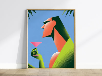 Modernist Sips Pink Poster | Pink and Periwinkle Screen Print Art Print | Art Deco Wall Art — framed print on the wall