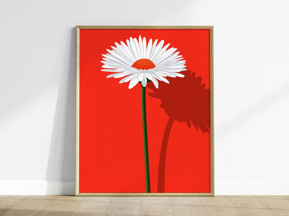 White Daisy on Red Poster | Red and White Flat Design Art Print | Modernist Wall Art — framed print on the wall