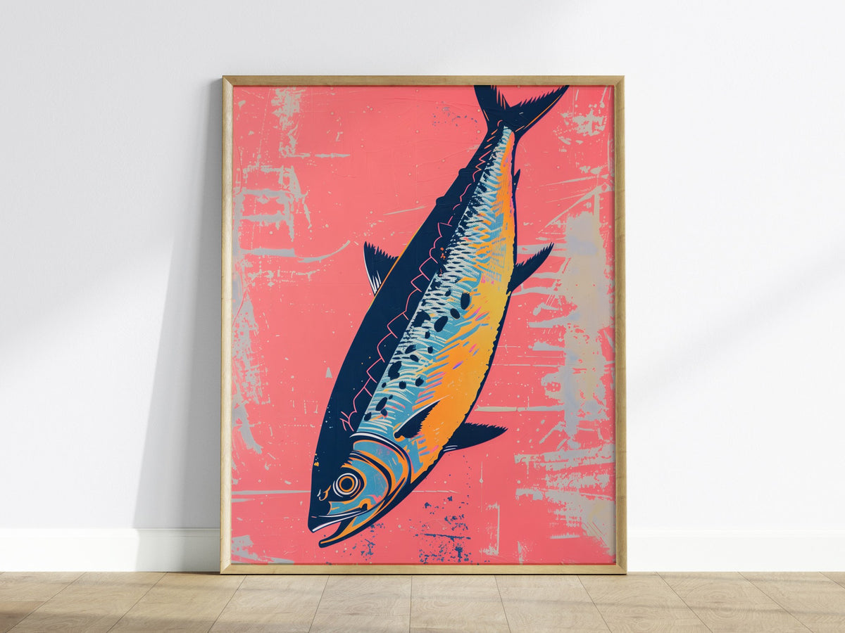 Sardine Tin on Pink Poster | Pink and Cobalt Screen Print Art Print | Kitchen Wall Art — framed print on the wall