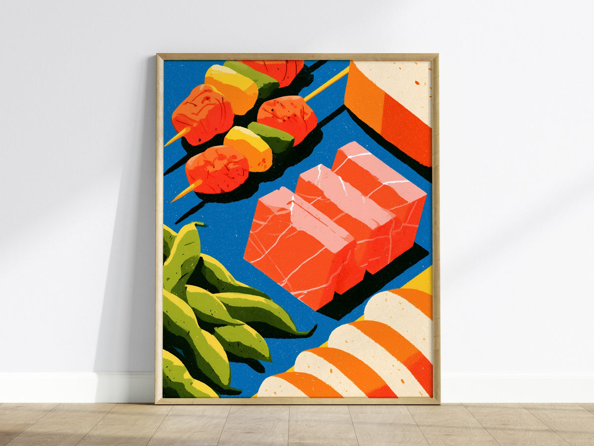 Japanese Seafood Still Life Poster | Cobalt and Coral Illustrative Art Print | Kitchen Wall Art — framed print on the wall