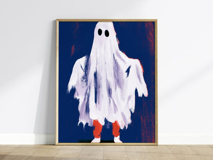 Ghost Stands Still Poster | Navy and Coral Illustrative Art Print | Kids Room Wall Art — framed print on the wall