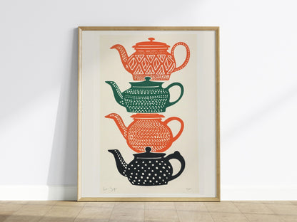 Stacked Teapots Poster | Burnt Orange Screen Print Art Print | Kitchen Wall Art — framed print on the wall