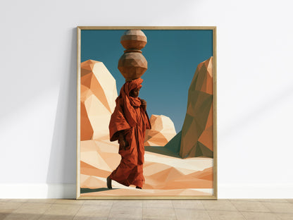Merchant Carries Jars Poster | Ochre and Teal Low Poly Art Print | Minimalist Wall Art — framed print on the wall