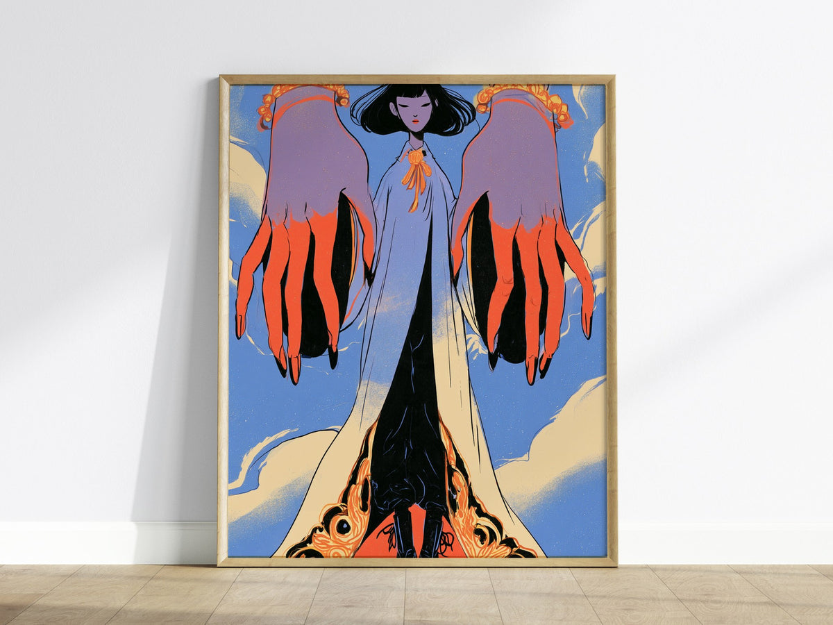 Figure Between Hands Poster | Coral and Periwinkle Illustrative Art Print | Art Deco Wall Art — framed print on the wall