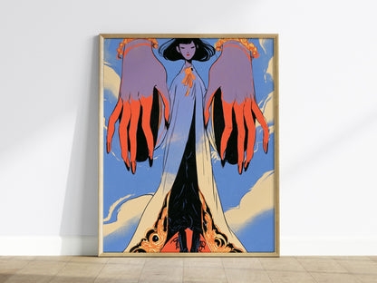 Figure Between Hands Poster | Coral and Periwinkle Illustrative Art Print | Art Deco Wall Art — framed print on the wall