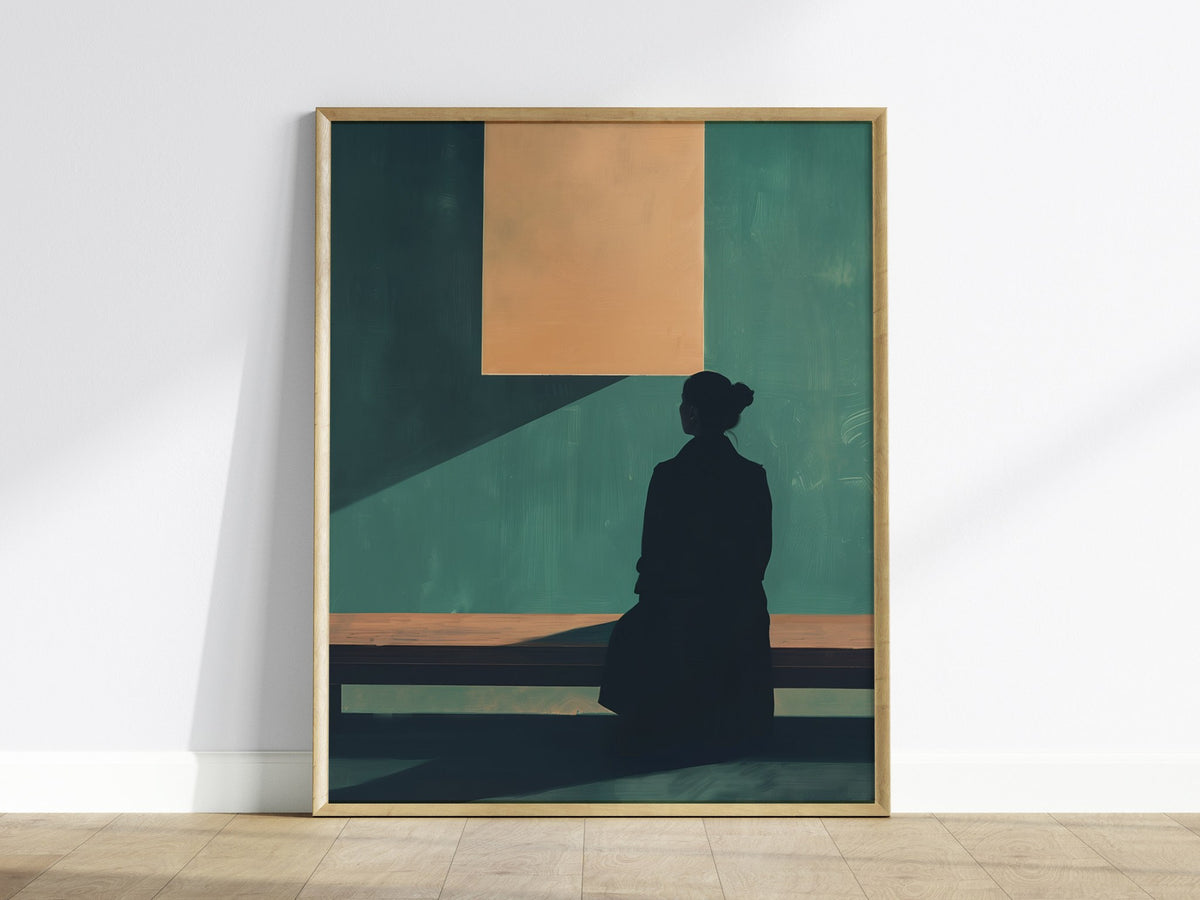 Gallery Visitor Poster | Teal and Cream Flat Design Art Print | Minimalist Wall Art — framed print on the wall
