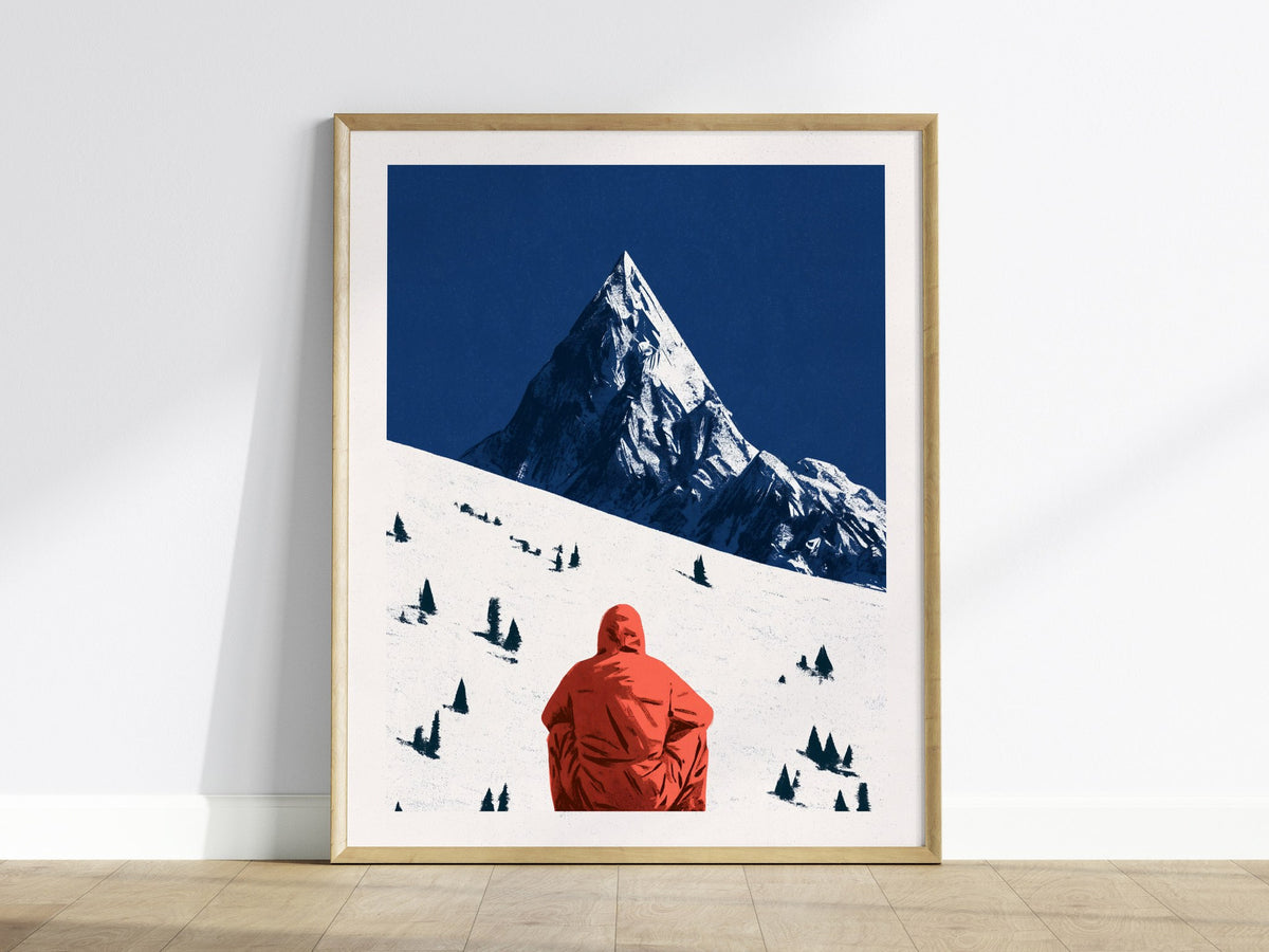 Alone Before Summit Poster | Pink and Cobalt Illustrative Art Print | Adventure Wall Art — framed print on the wall