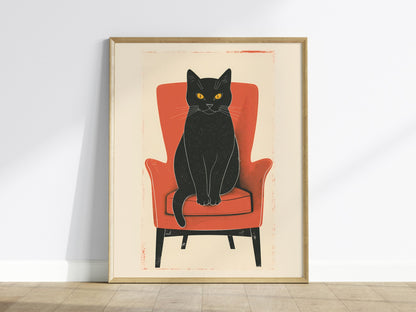 Black Cat in Red Chair Poster | Coral and Black Flat Design Art Print | Cat Lover Wall Art — framed print on the wall