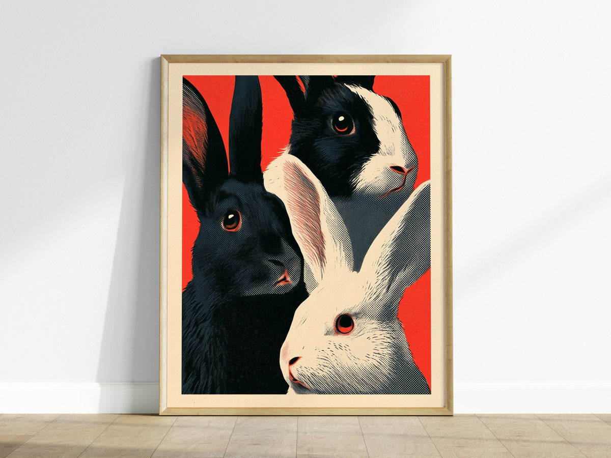 Tuxedo Rabbits Yellow Poster | Mustard and Black Screen Print Art Print | Animal Advocacy Wall Art — framed print on the wall