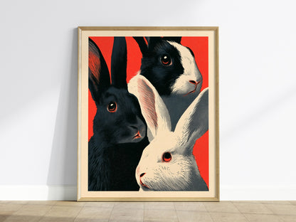 Tuxedo Rabbits Yellow Poster | Mustard and Black Screen Print Art Print | Animal Advocacy Wall Art — framed print on the wall