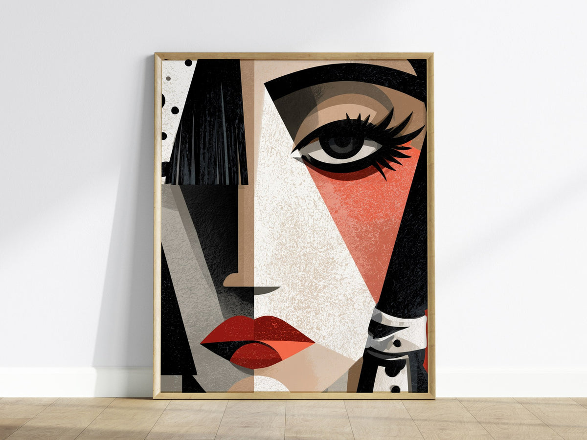 Cubist Woman Watches Poster | Black and Orange Abstract Art Print | Modernist Wall Art — framed print on the wall