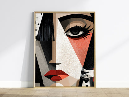 Cubist Woman Watches Poster | Black and Orange Abstract Art Print | Modernist Wall Art — framed print on the wall