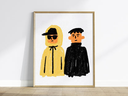 Yellow Hood Black Poster | Yellow and Black Illustrative Art Print | Streetwear Wall Art — framed print on the wall
