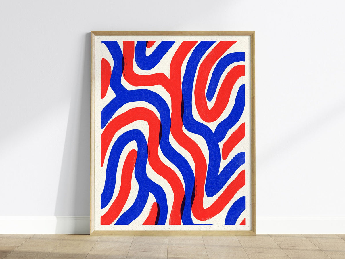 Woven Currents Poster | Coral and Cobalt Abstract Art Print | Modern Coastal Wall Art — framed print on the wall