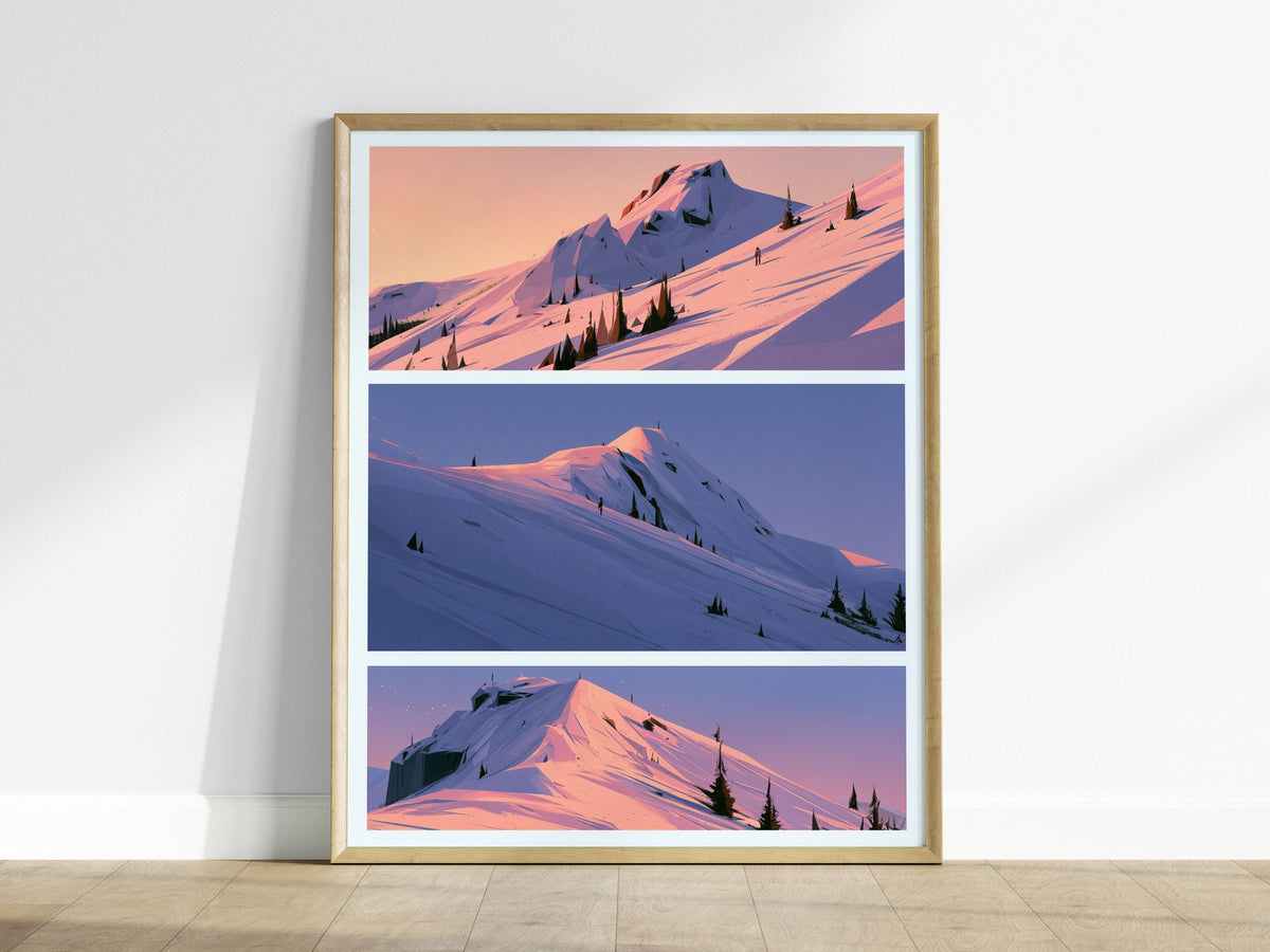 Mountain Waits Dusk Poster | Peach and Lavender Illustrative Art Print | Alpine Minimalist Wall Art — framed print on the wal