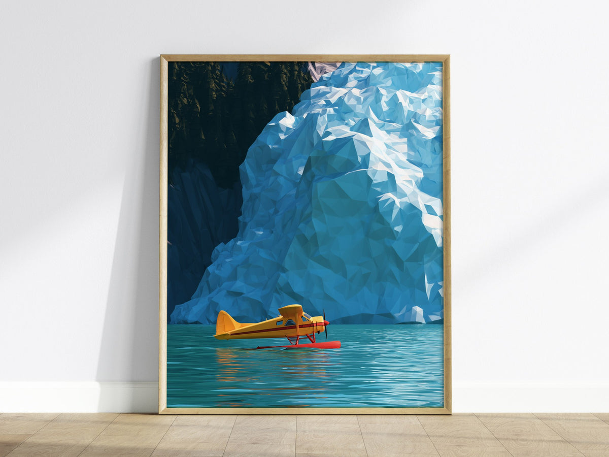 Seaplane Parks Glacier Bay Poster | Yellow and Turquoise Low Poly Art Print | Aviation Wall Art — framed print on the wall