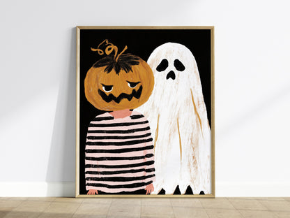 Pumpkin and Ghost Poster | Pink and Orange Illustrative Art Print | Kids Room Wall Art — framed print on the wall