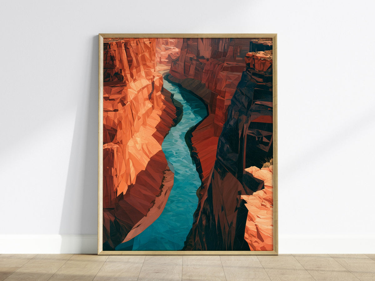 Canyon Holds River Poster | Turquoise and Ochre Low Poly Art Print | Modern Minimalist Wall Art — framed print on the wall