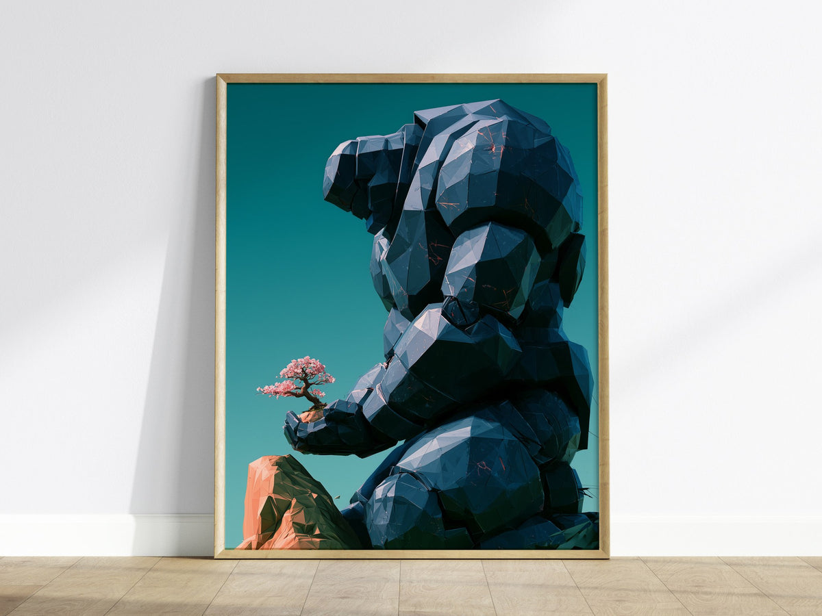 Golem Tends Blossom Poster | Navy and Teal Low Poly Art Print | Sci-Fi Wall Art — framed print on the wall