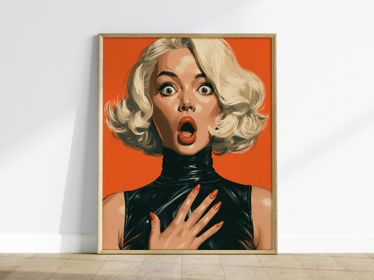 She Just Heard Poster | Orange and Black Illustrative Art Print | Pop Art Wall Art — framed print on the wall
