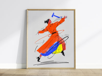 Dancer Breaks Free Poster | Pink and Orange Illustrative Art Print | Dance Studio Wall Art — framed print on the wall