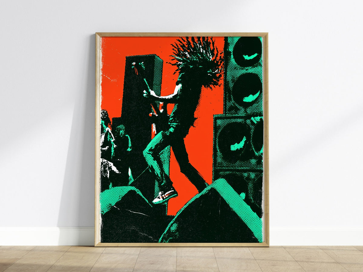 Guitarist Leaves Ground Poster | Orange and Green Screen Print Art Print | Music Lover Wall Art — framed print on the wall