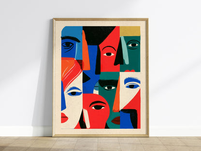 Crowd Wears Faces Poster | Multicolor Illustrative Art Print | Kids Room Wall Art — framed print on the wall