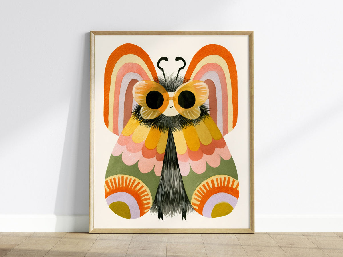 Moth Owns Rainbows Poster | Orange and Pink Illustrative Art Print | Kids Room Wall Art — framed print on the wall