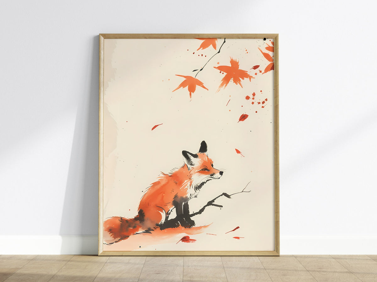 Autumn Visitor Poster | Rust and Sepia Japanese Watercolor Art Print | Minimalist Wall Art — framed print on the wall