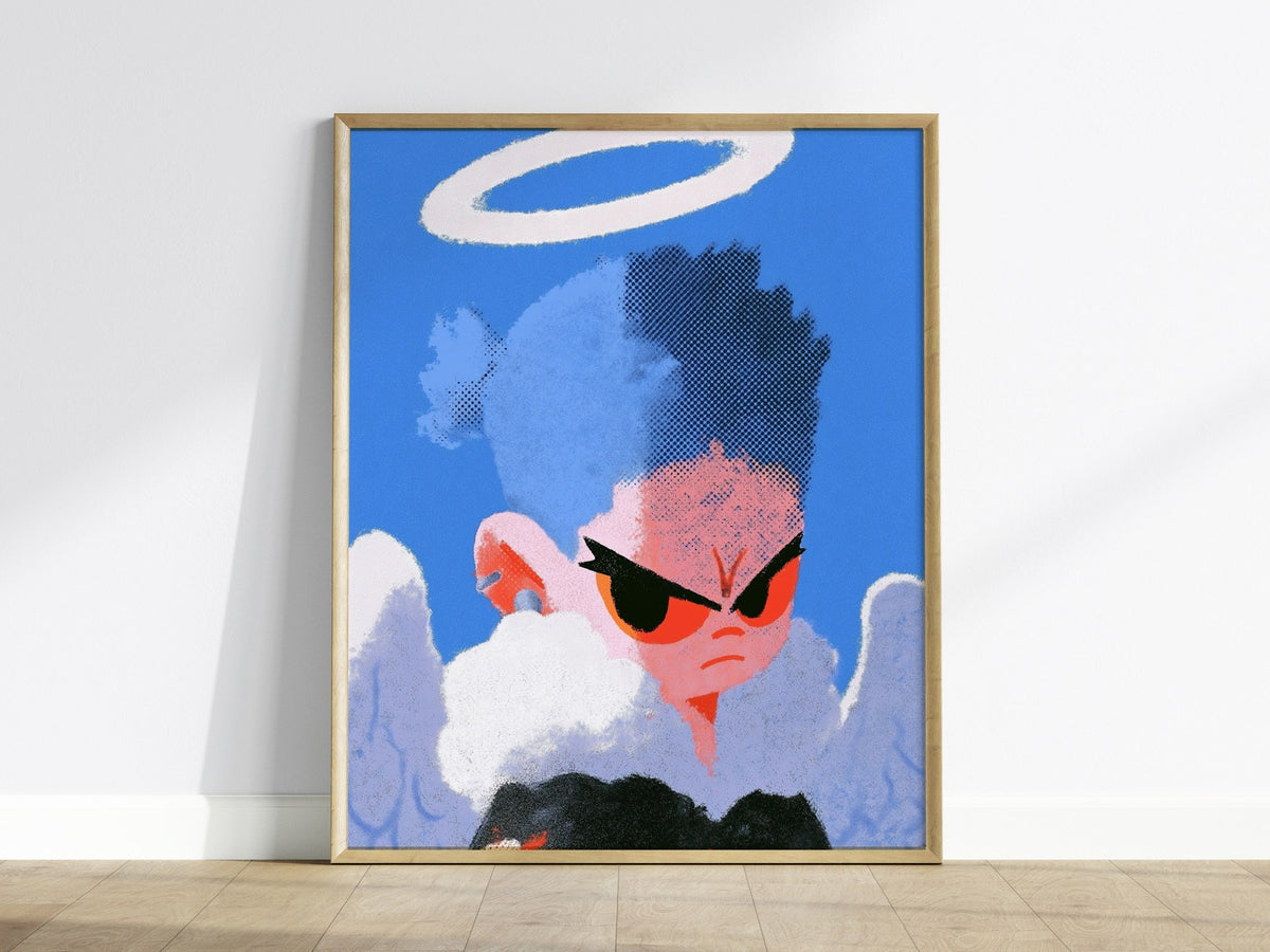 Fallen Angel Scowls Poster | Periwinkle and Orange Screen Print Art Print | Dark Fantasy Wall Art — framed print on the wall