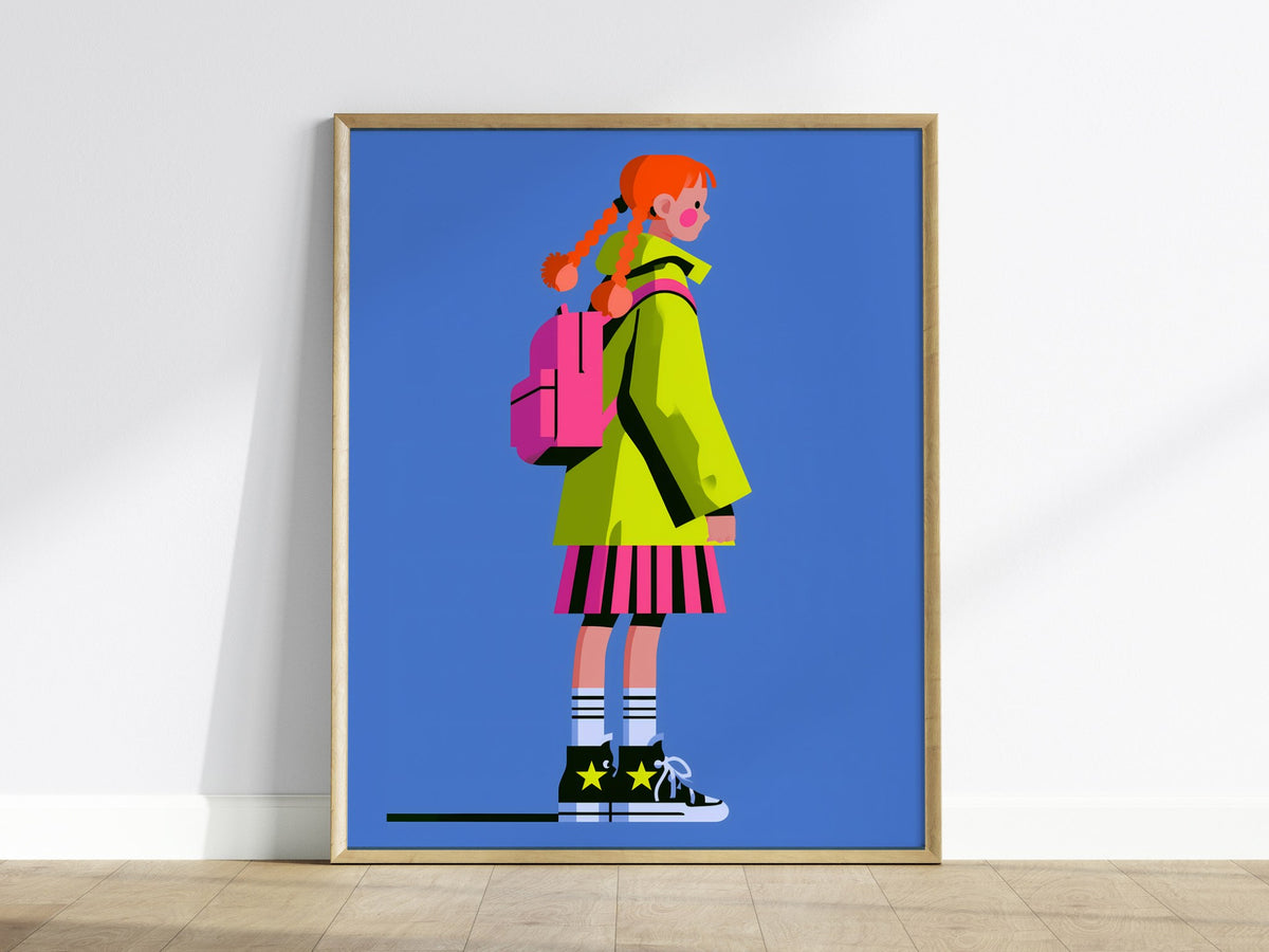Girl in Green Hat Poster | Neon Brights Flat Design Art Print | Kids Room Wall Art — framed print on the wall