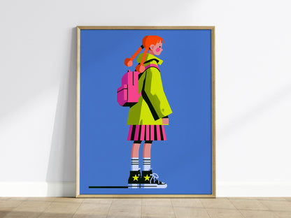 Girl in Green Hat Poster | Neon Brights Flat Design Art Print | Kids Room Wall Art — framed print on the wall
