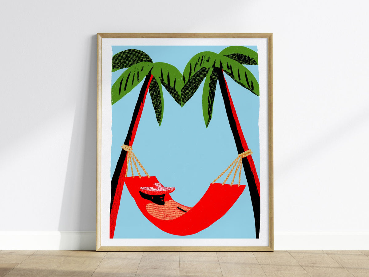 Hammock Afternoon Poster | Blue and Emerald Screen Print Art Print | Tropical Wall Art — framed print on the wall