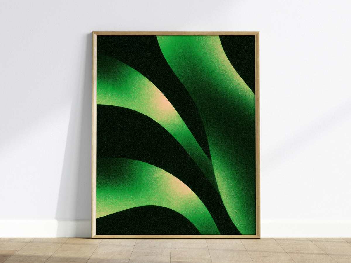 Sorrel Leaf Curves Poster | Lime and Black Illustrative Art Print | Kitchen Wall Art — framed print on the wall