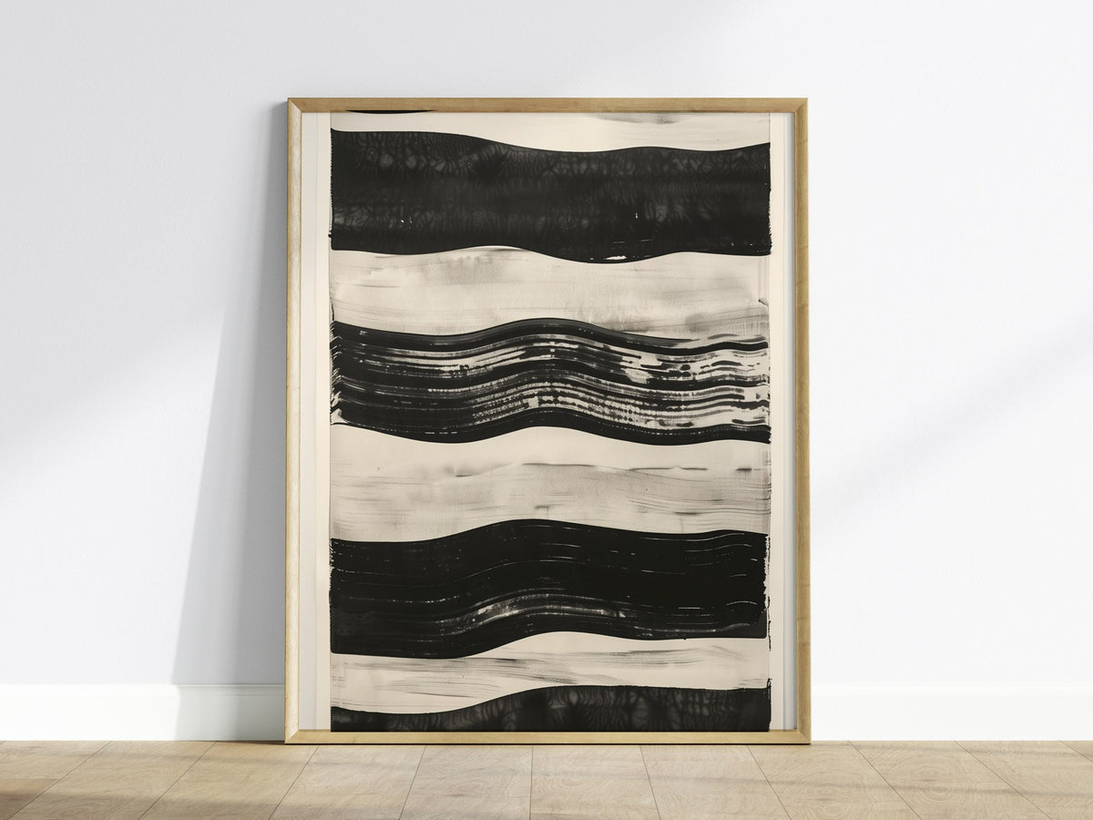 stripe-horizon Poster | Ochre and Navy Minimalism Art Print | Minimalist Wall Art — framed print on the wall