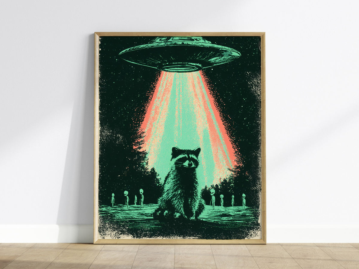 Raccoon Rules Stars Poster | Teal and Black Screen Print Art Print | Science Fiction Wall Art — framed print on the wall