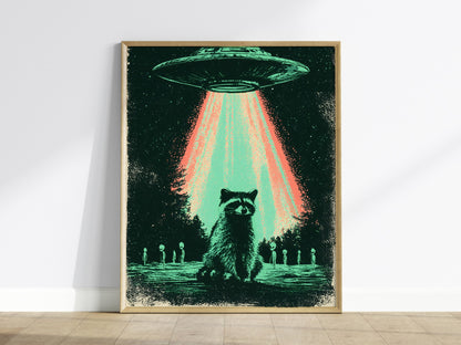 Raccoon Rules Stars Poster | Teal and Black Screen Print Art Print | Science Fiction Wall Art — framed print on the wall
