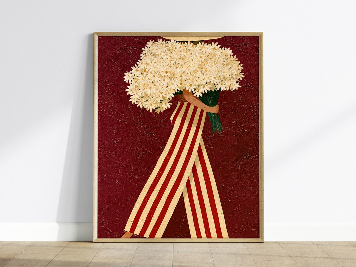 Daisy Carrier Poster | Burgundy and Cream Flat Design Art Print | Folk Art Wall Art — framed print on the wall