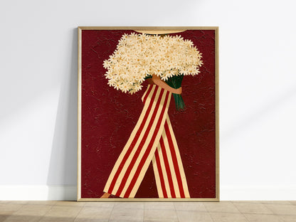 Daisy Carrier Poster | Burgundy and Cream Flat Design Art Print | Folk Art Wall Art — framed print on the wall