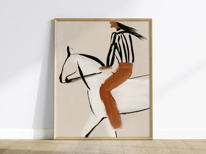 Rider Turns West Poster | Rust and Cream Illustrative Art Print | Western Wall Art — framed print on the wall
