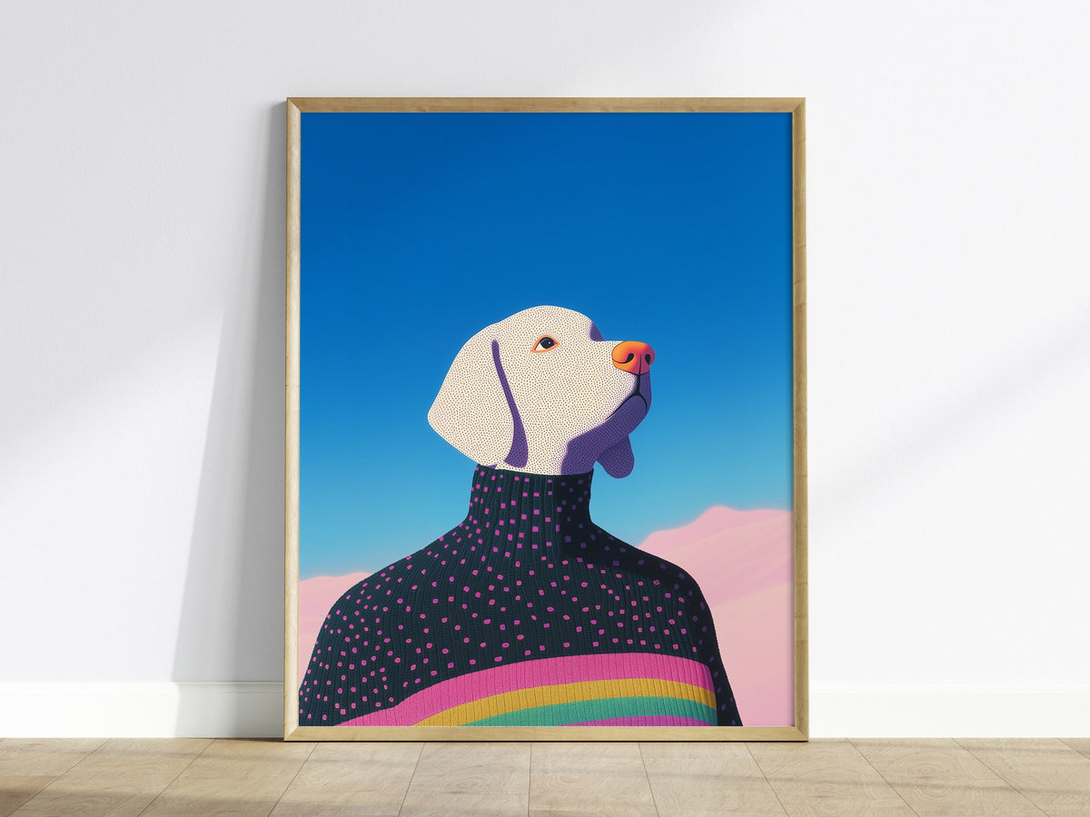 Rainbow Dog Sweater Poster | Kids Art Print — framed print on the wall